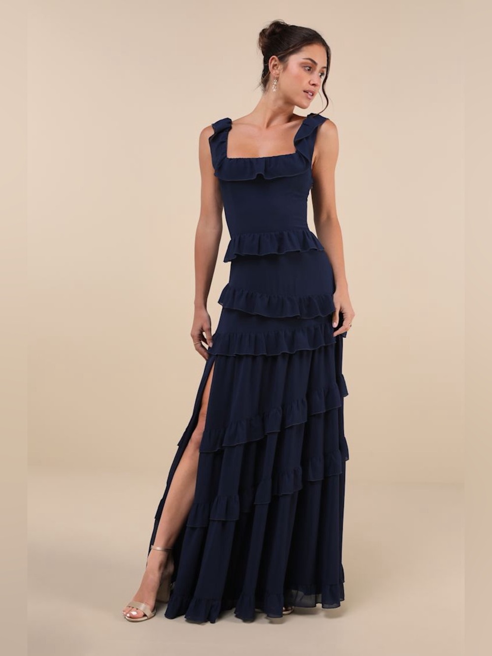 Lulu's Compelling Romantic Dark Navy Ruffled Tiered Maxi Dress Small